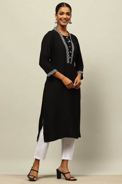 Black Viscose Blend Straight Kurta image number 4