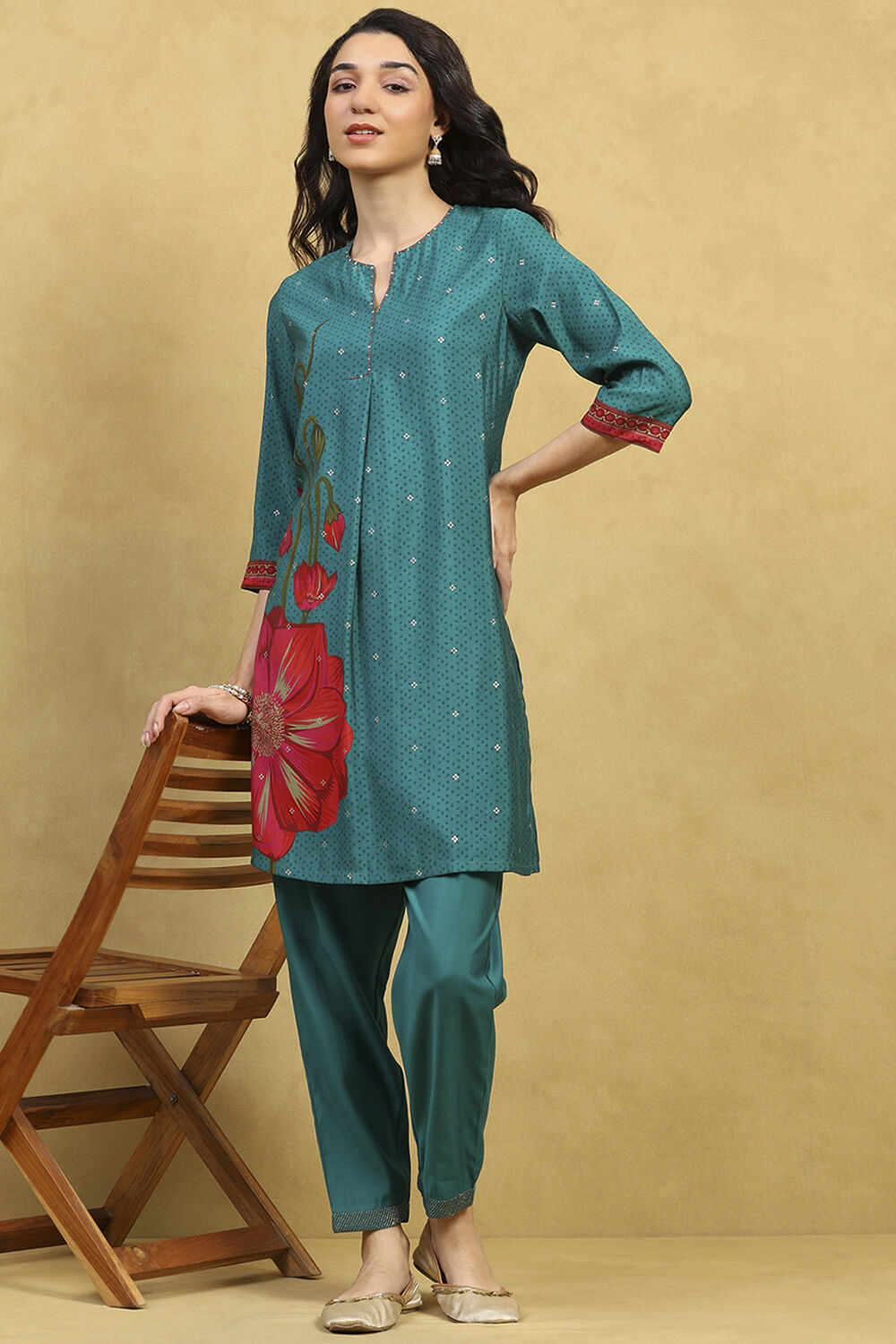 Teal Viscose Blend Printed Straight Kurta Pants Set image number 0