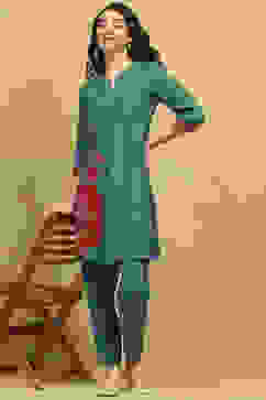 Teal Viscose Blend Printed Straight Kurta Pants Set image number 0