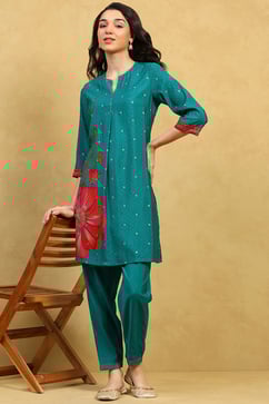 Teal Viscose Blend Printed Straight Kurta Pants Set image number 0