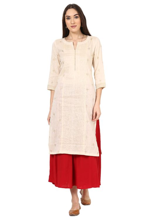 Beige Straight Poly Cotton Kurta image number 0