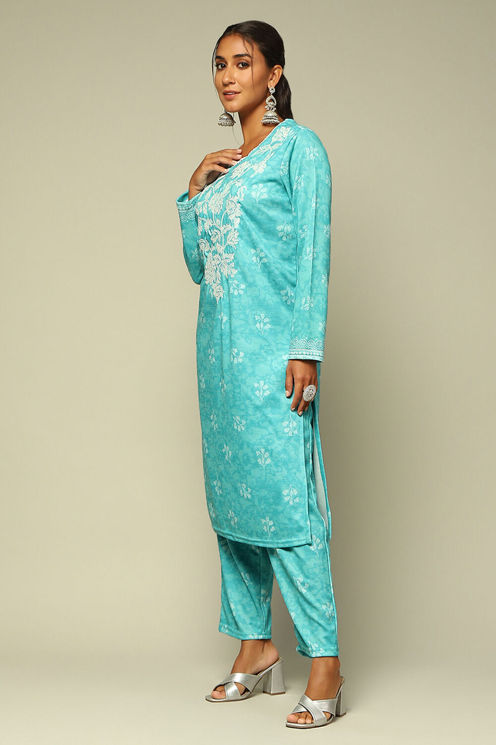 Aqua Blue Polyster Melange Straight Printed Kurta Palazzo Suit Set image number 3