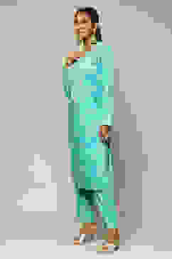 Aqua Blue Polyster Melange Straight Printed Kurta Palazzo Suit Set image number 3