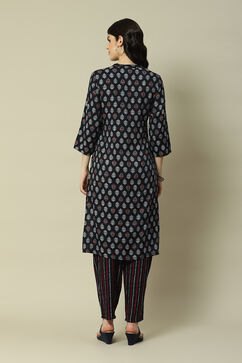 Navy Blue Cotton Blend Straight Printed Kurta Palazzo Suit Set image number 4