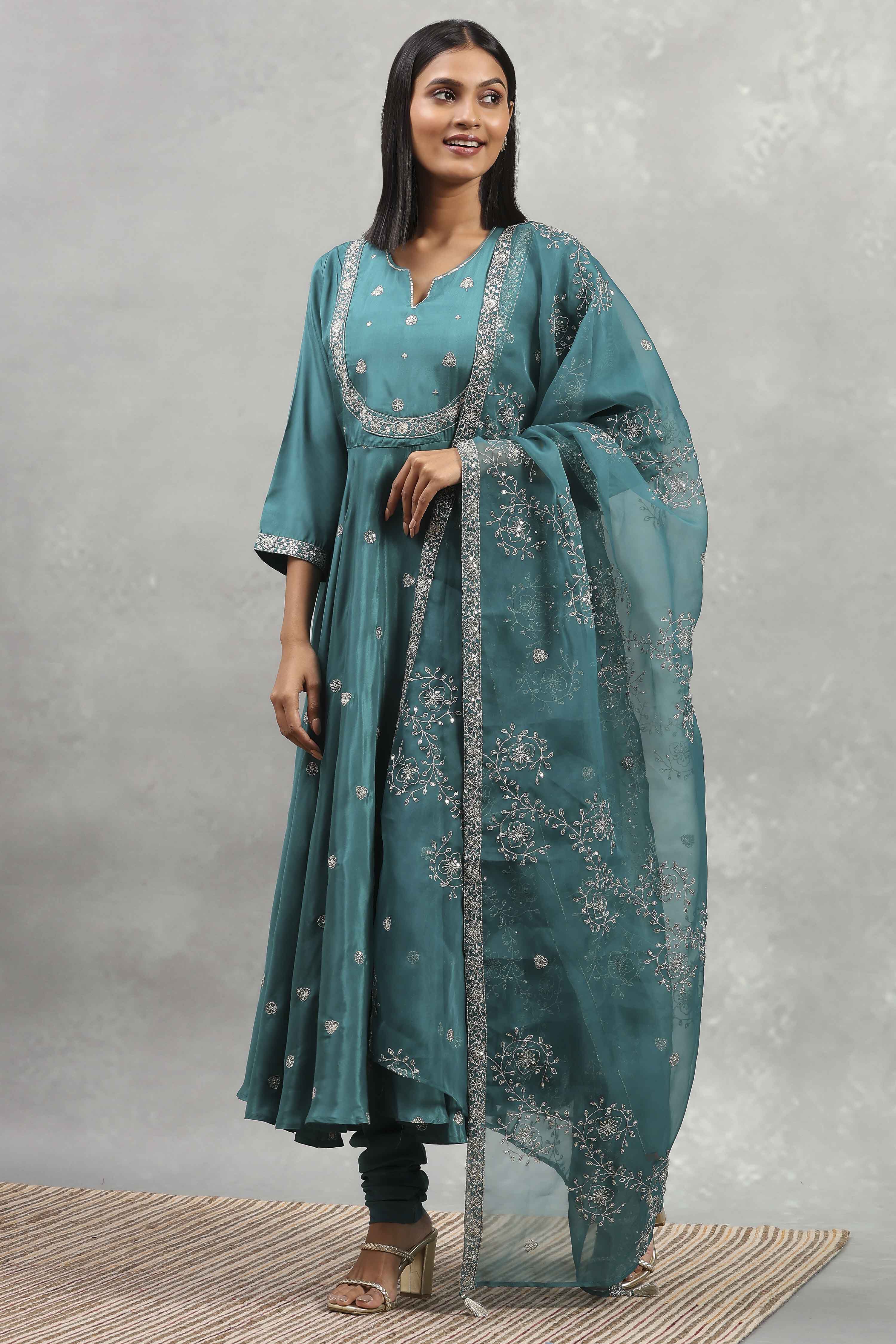 Teal Green Viscose Rayon Embroidered Anarkali Suit Set image number 3
