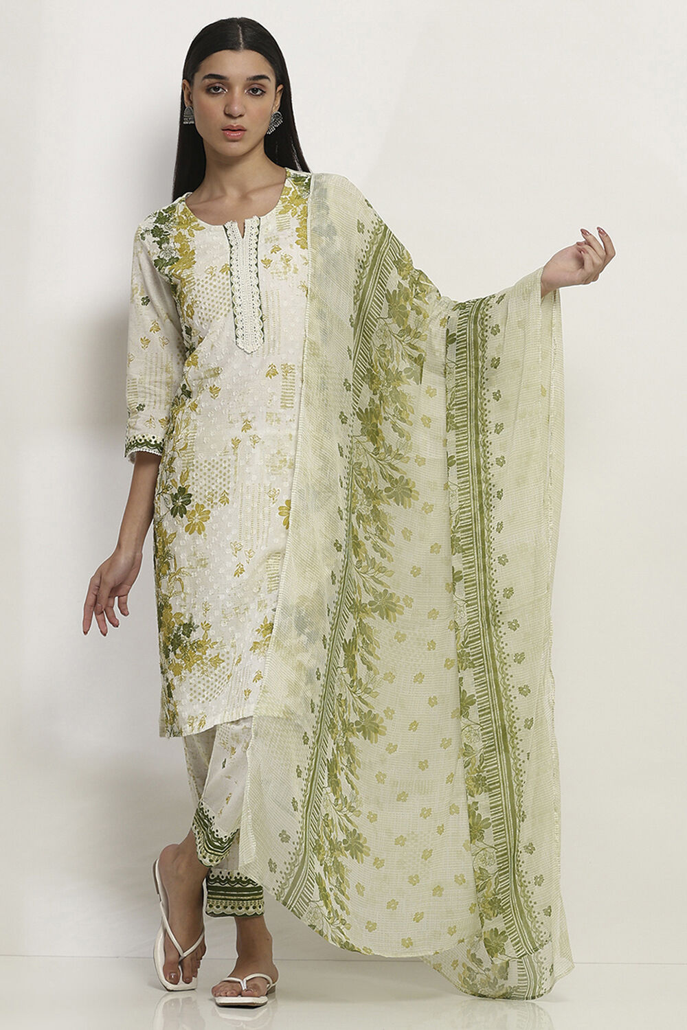 Lime Green Cotton Printed Straight Suit Set image number 2