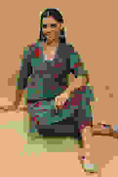 Teal Viscose Blend Printed Straight Kurta Pants Set image number 0