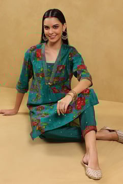 Teal Viscose Blend Printed Straight Kurta Pants Set image number 0
