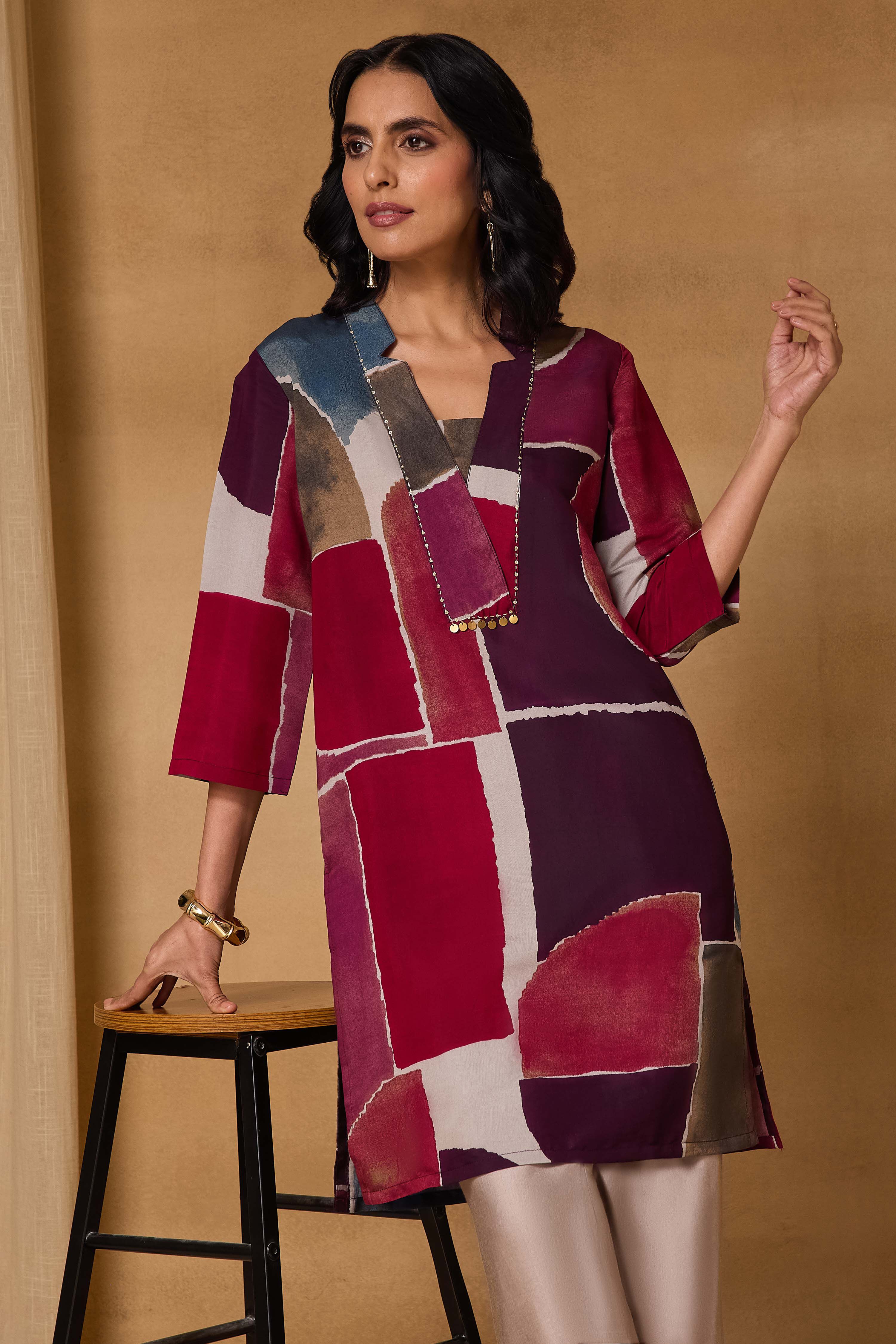 Maroon Cotton Polyester Straight Printed Kurta image number 7