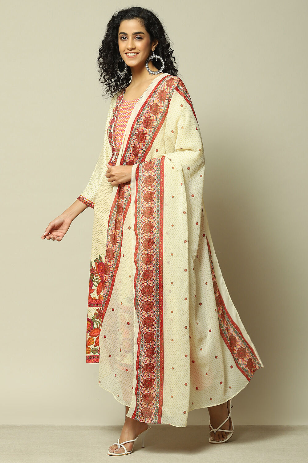 Ecru Polyester Printed Dupatta image number 0