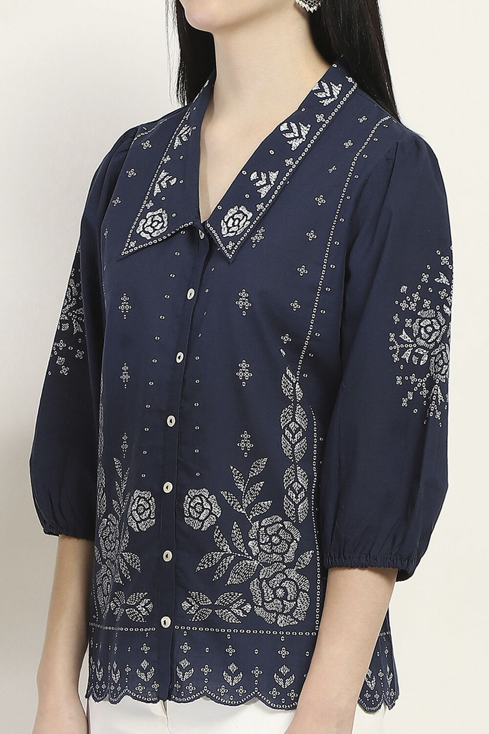 Navy Blue Printed Straight Shirt-Style Indie Top image number 1