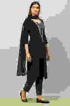 Black Viscose Blend Straight Solid Kurta Pants Suit Set image number 5