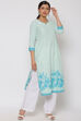 Turquoise Cotton Straight Kurta image number 4