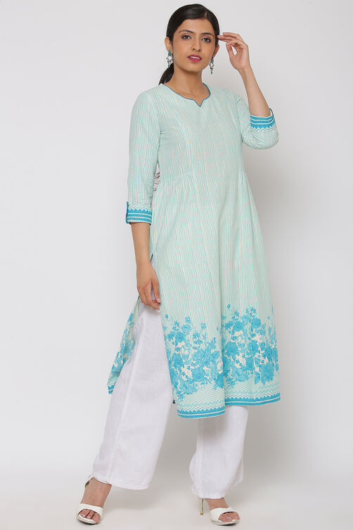 Turquoise Cotton Straight Kurta image number 4