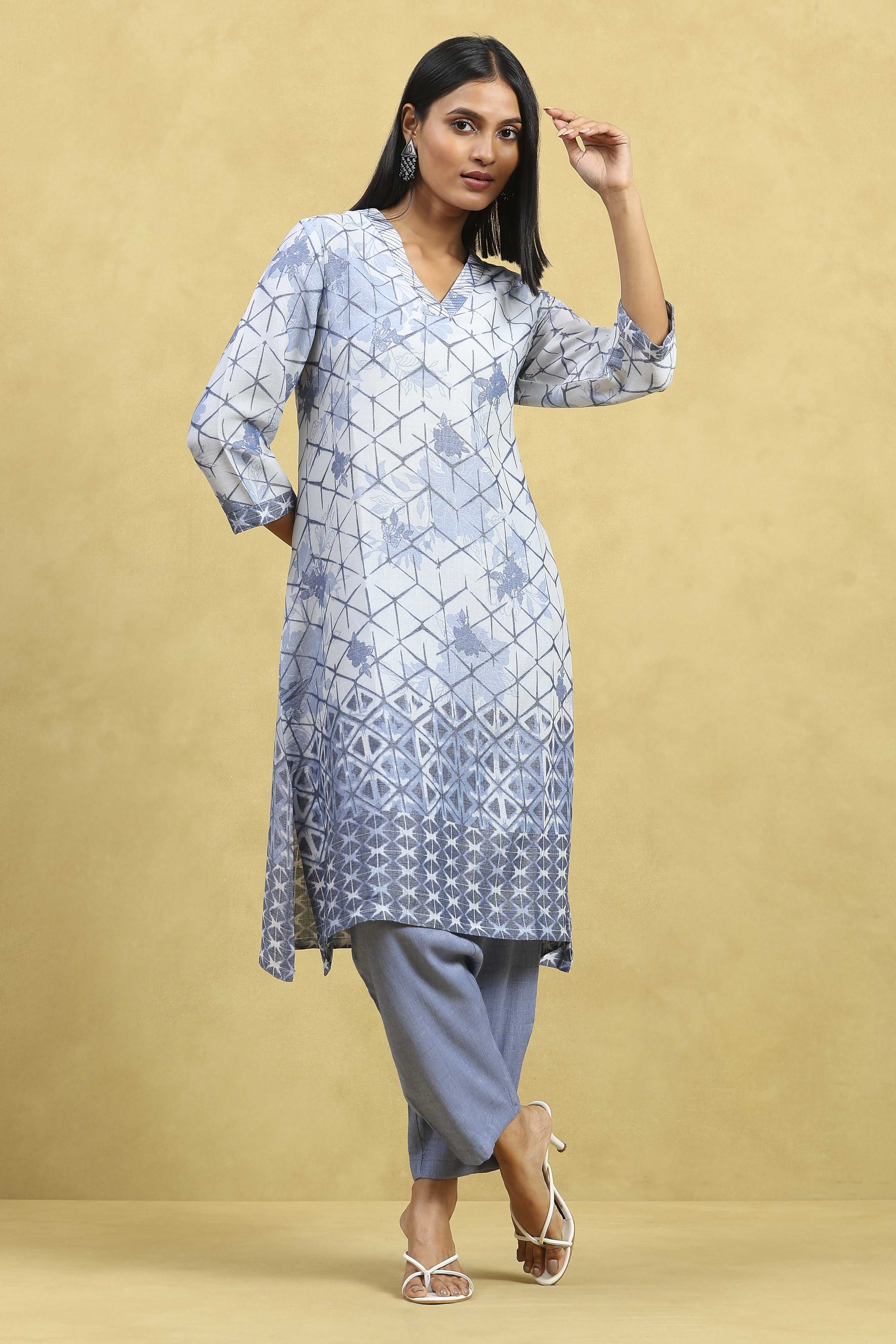 Blue Viscose Blend Printed A-Line Kurta Pants Set image number 0