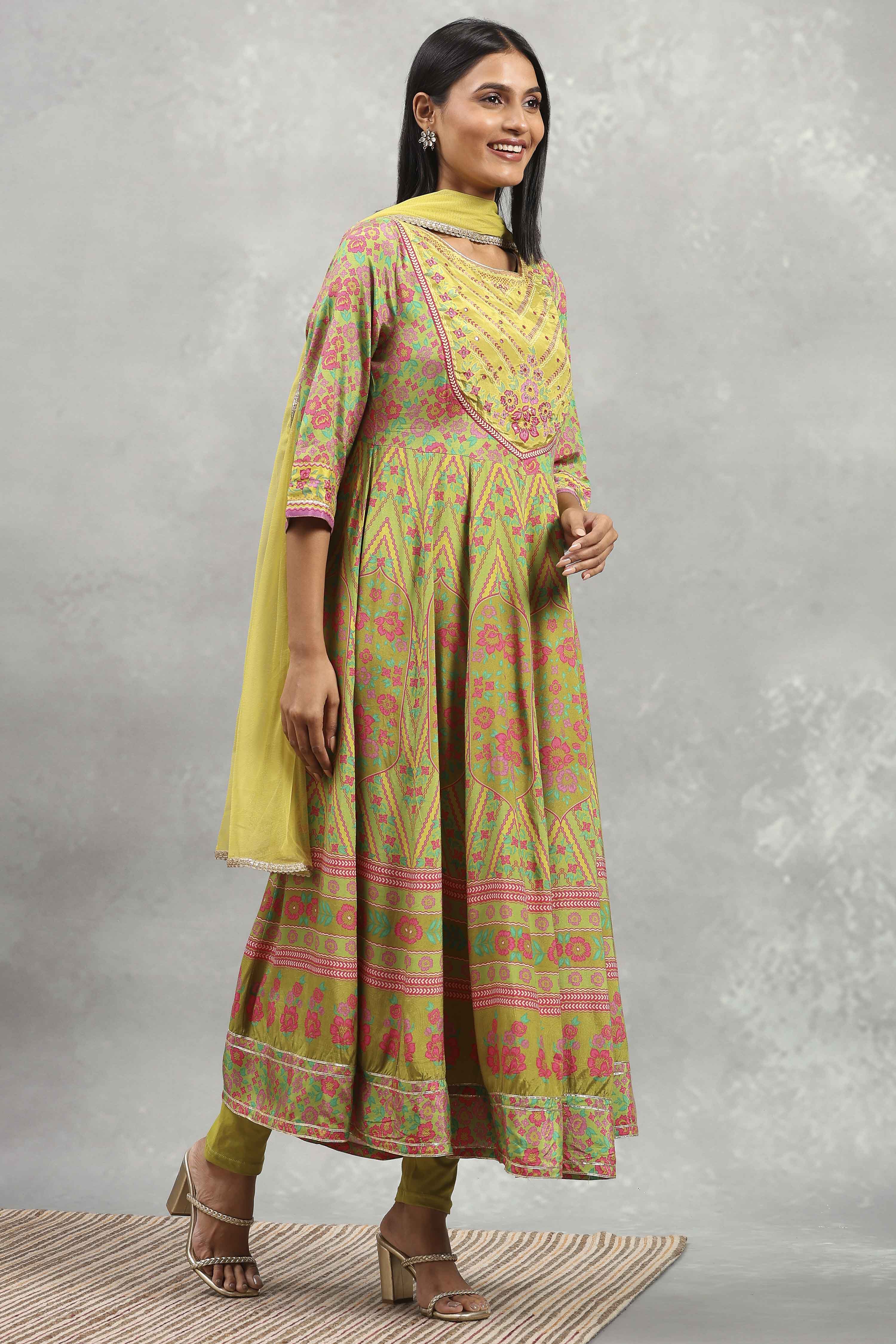 Lime Viscose Rayon Printed Anarkali Suit Set image number 5