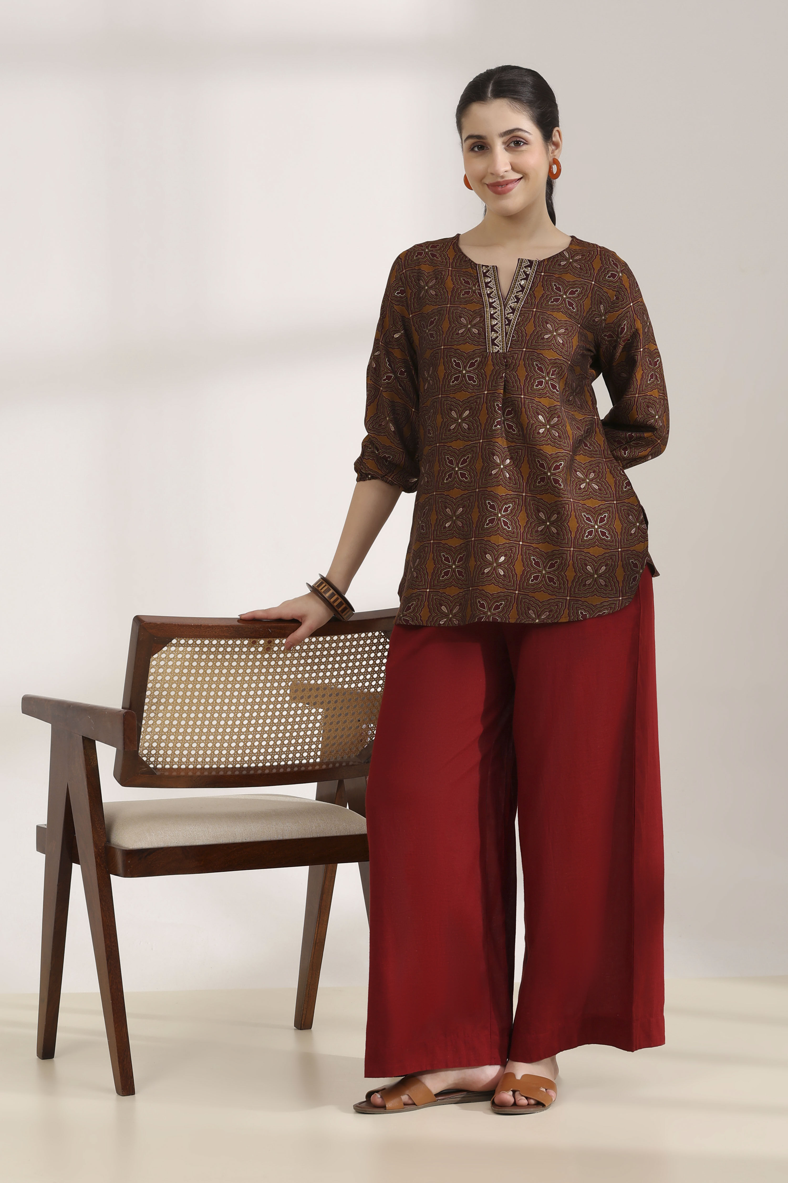 Maroon Rayon Straight Palazzos image number 0