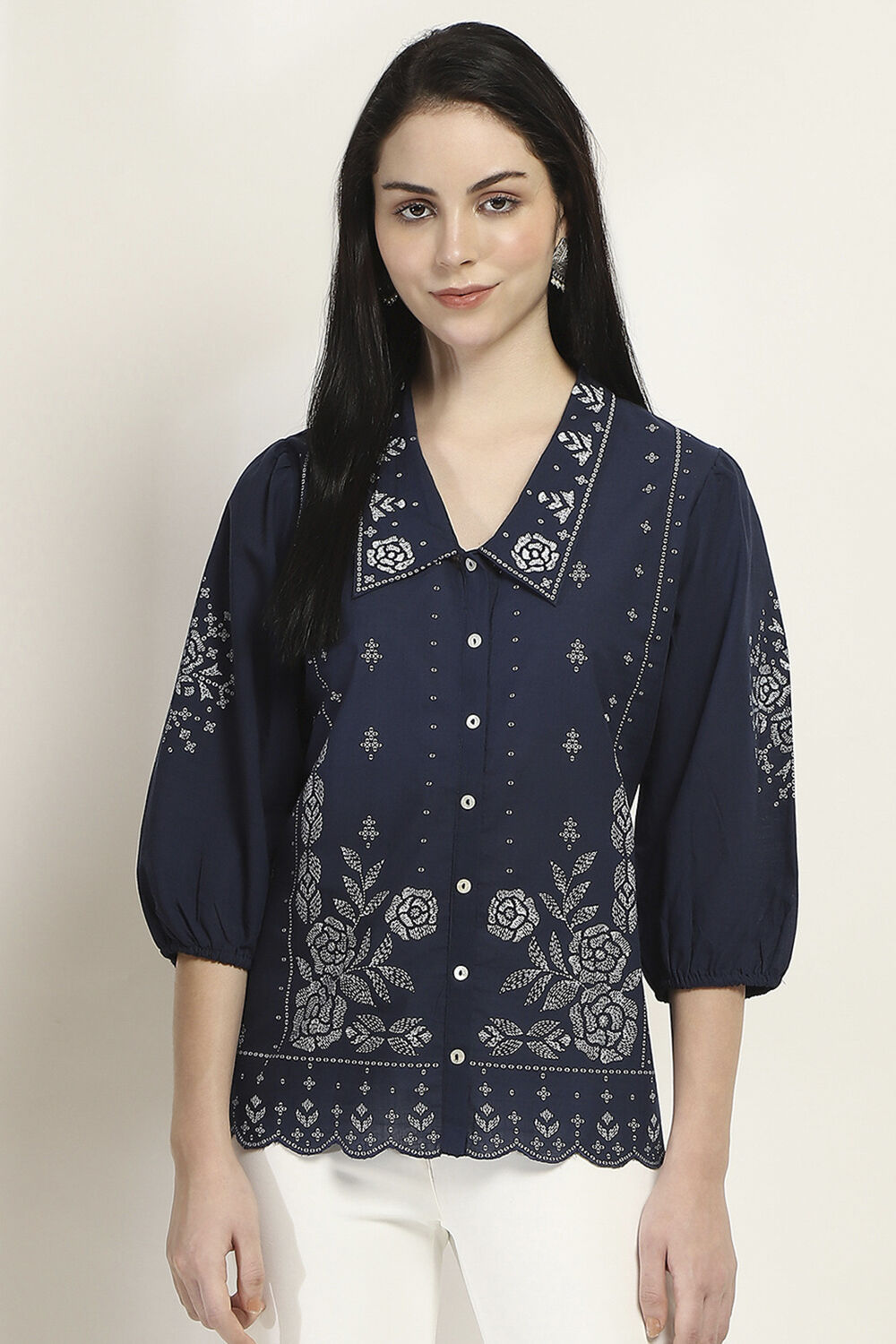 Navy Blue Printed Straight Shirt-Style Indie Top image number 5
