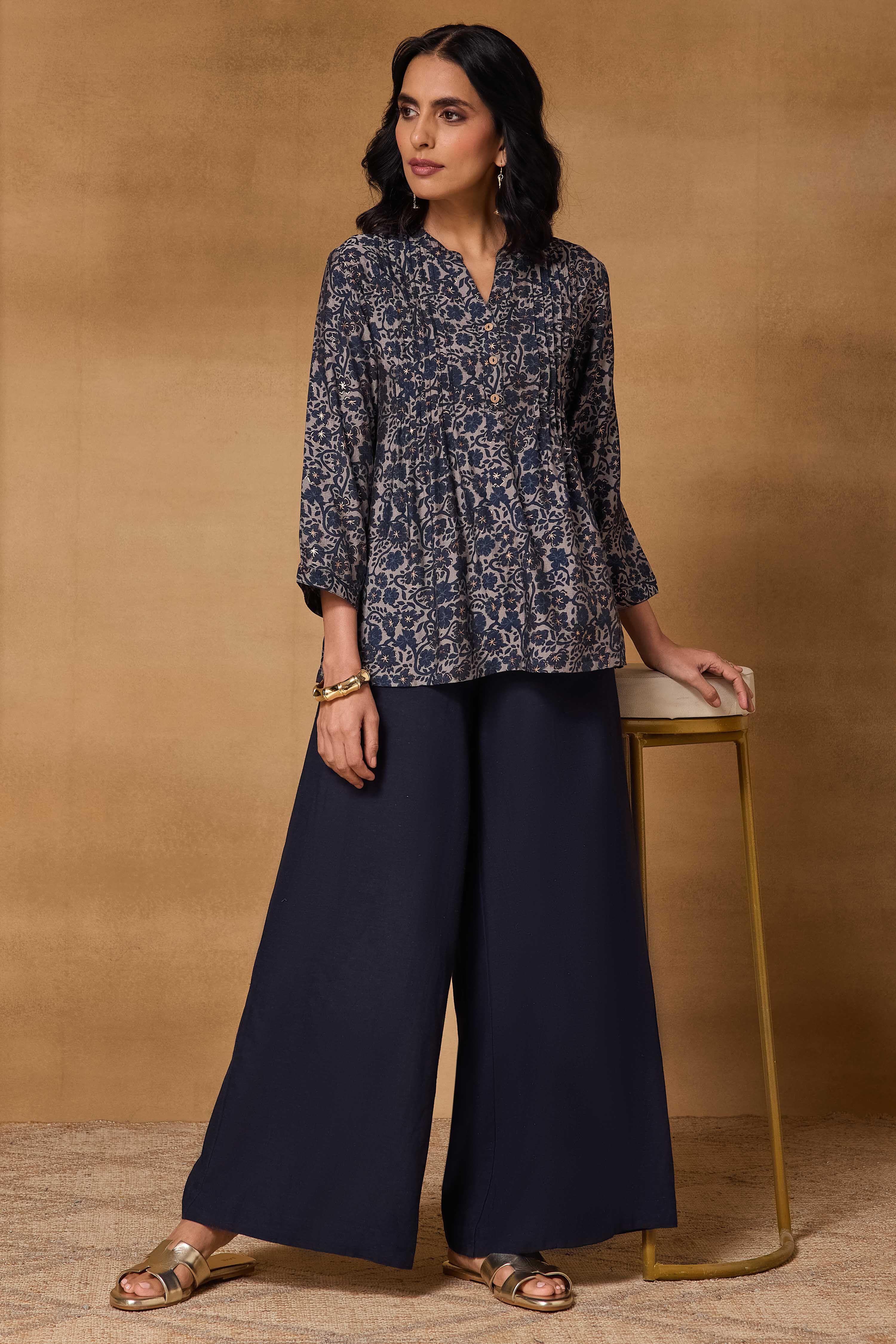 Blue Viscose Blend Regular Printed Top image number 0