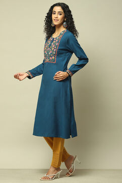 Teal Blue Acrylic Solid Kurta image number 2