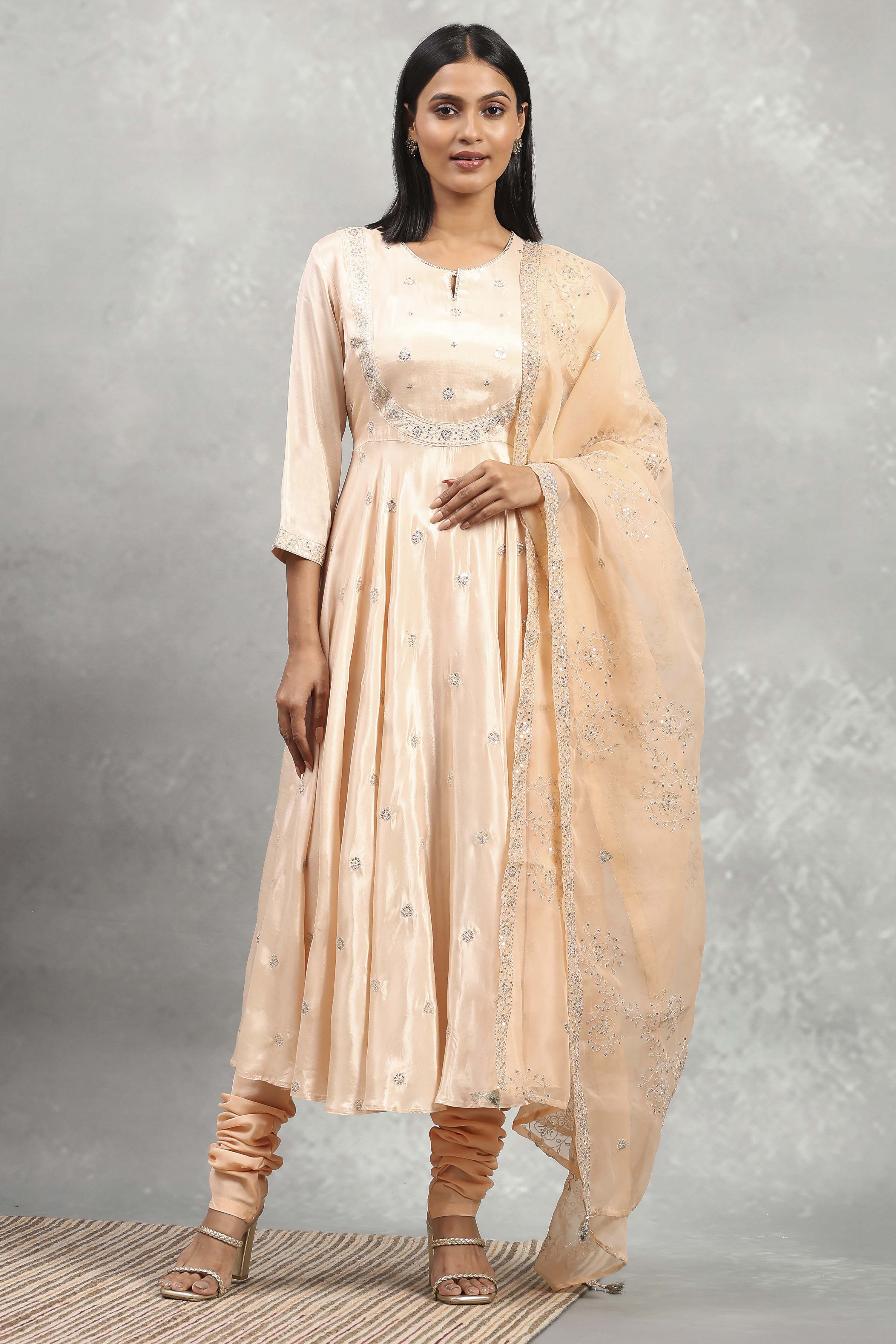 Beige Viscose Rayon Embroidered Anarkali Suit Set image number 5