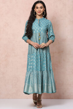 Green Viscose Rayon Tiered Dress image number 0