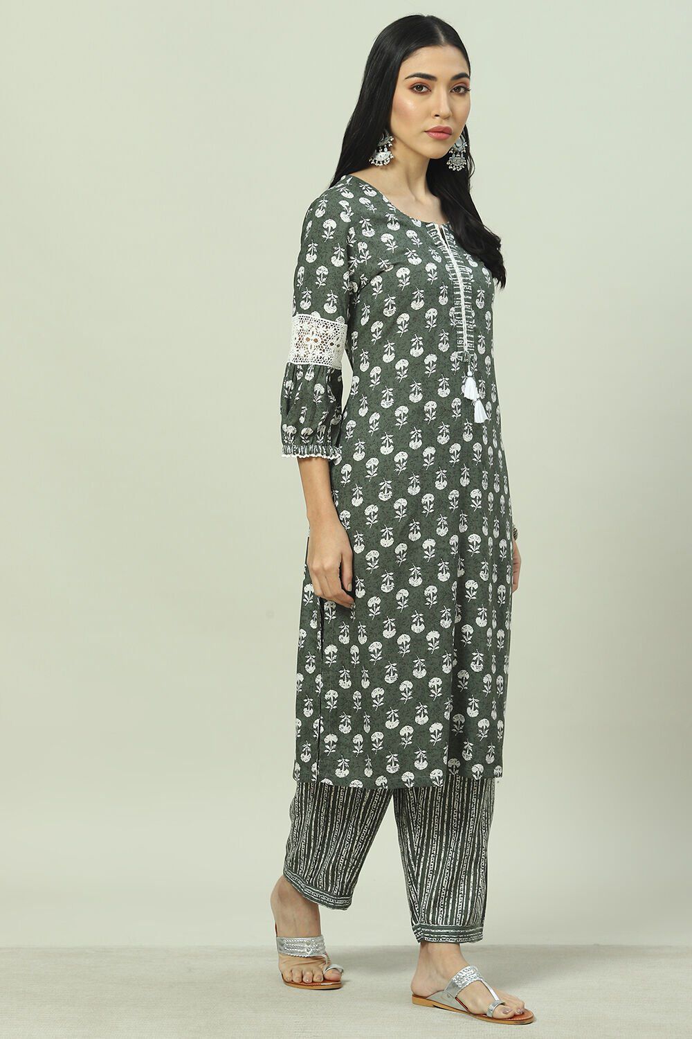 Olive Green Rayon Straight Printed Kurta Palazzo Suit Set image number 5