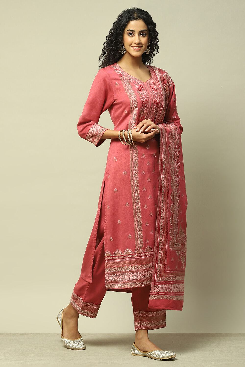 Coral Poly Viscose Straight Yarndyed Kurta Palazzo Suit Set image number 6
