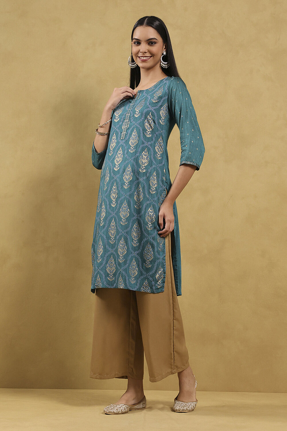 Teal Blue Printed Straight Kurta image number 2