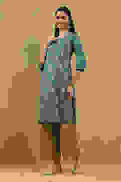 Teal Blue Printed Straight Kurta image number 2