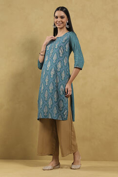 Teal Viscose Blend Printed Straight Kurta image number 2
