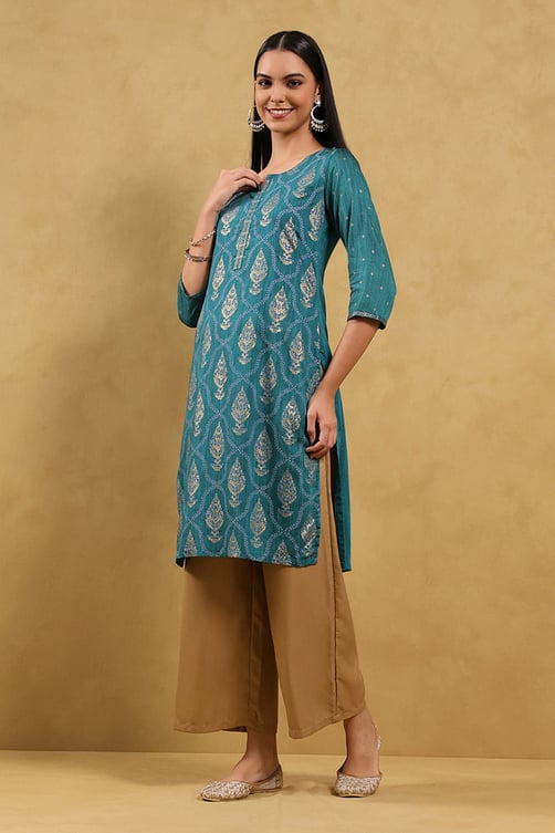 Teal Blue Printed Straight Kurta image number 2