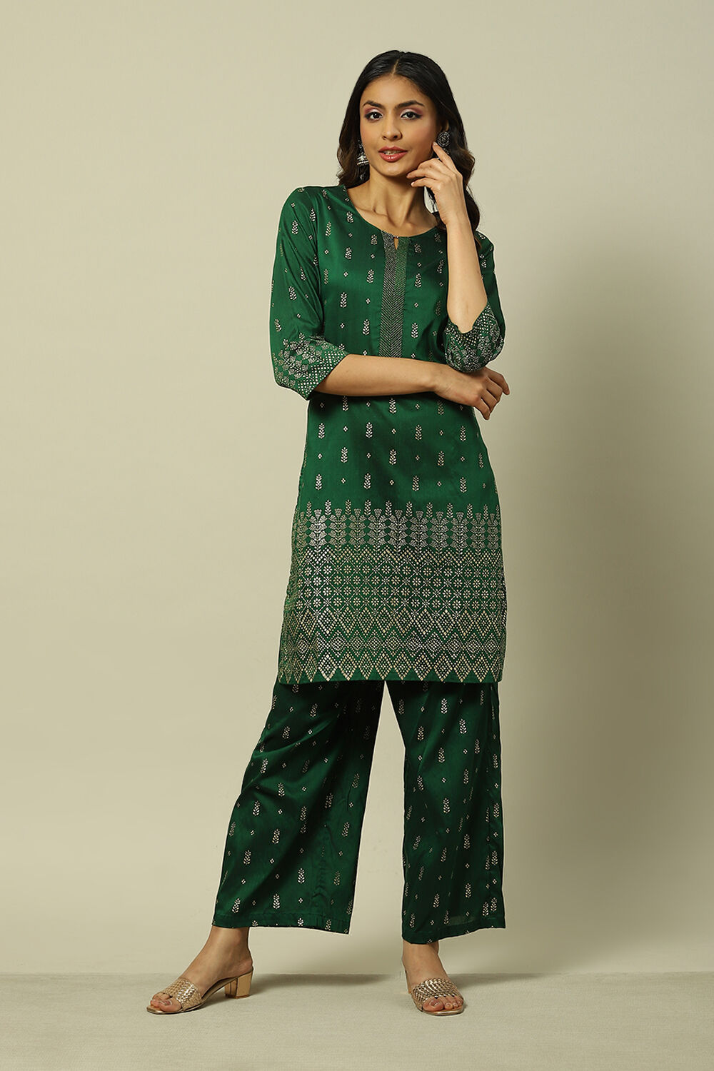 Green Cotton Blend Woven Straight Kurta Suit Set image number 0