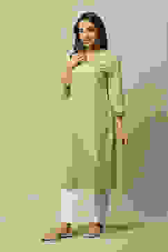 Green LIVA Straight Printed Kurta image number 2