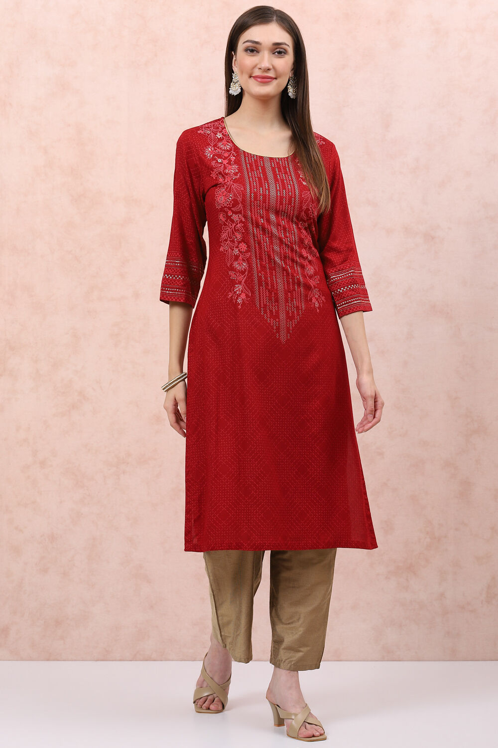 Red LIVA Straight Kurta image number 3