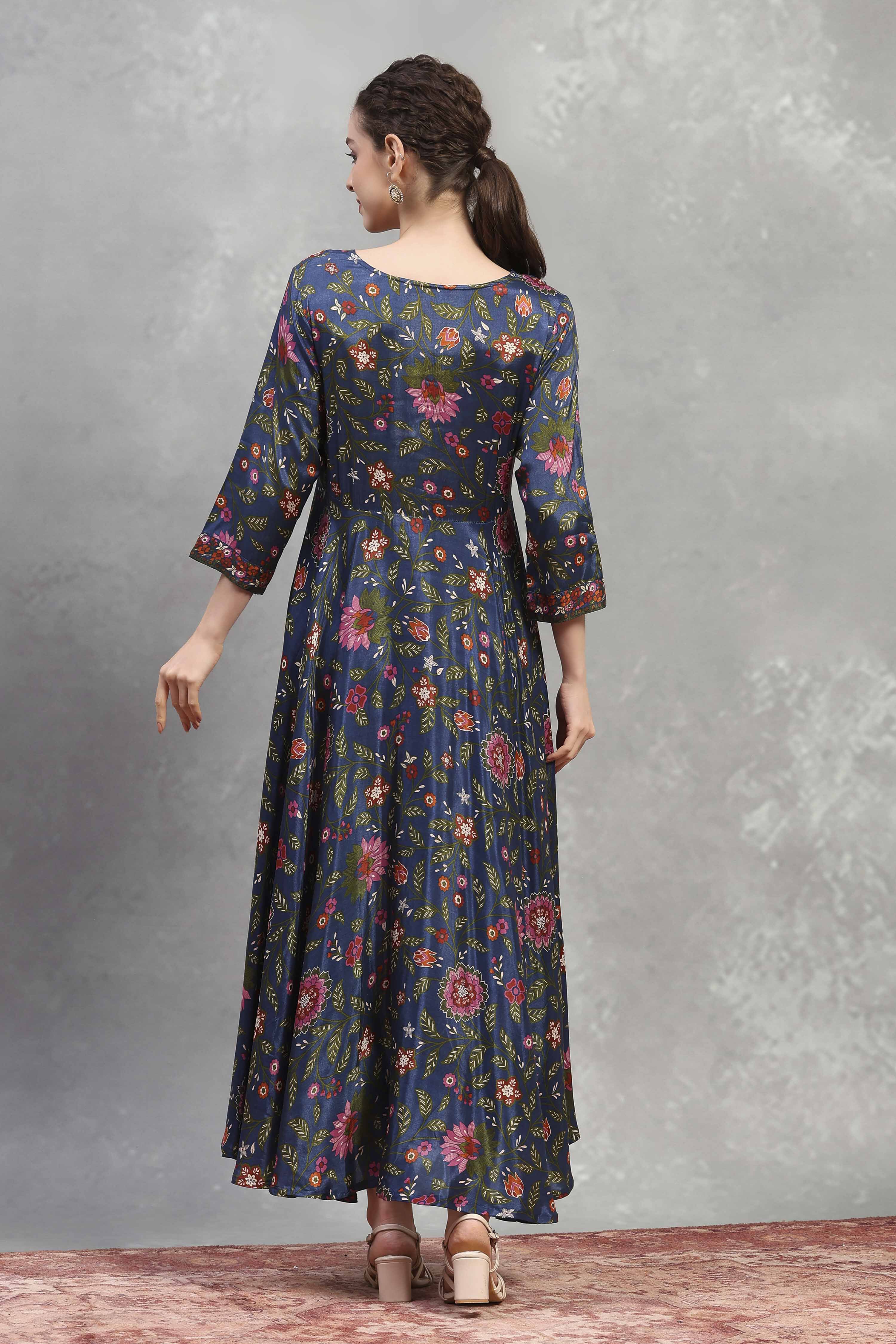 Blue Viscose Rayon Printed Flared Dress image number 3