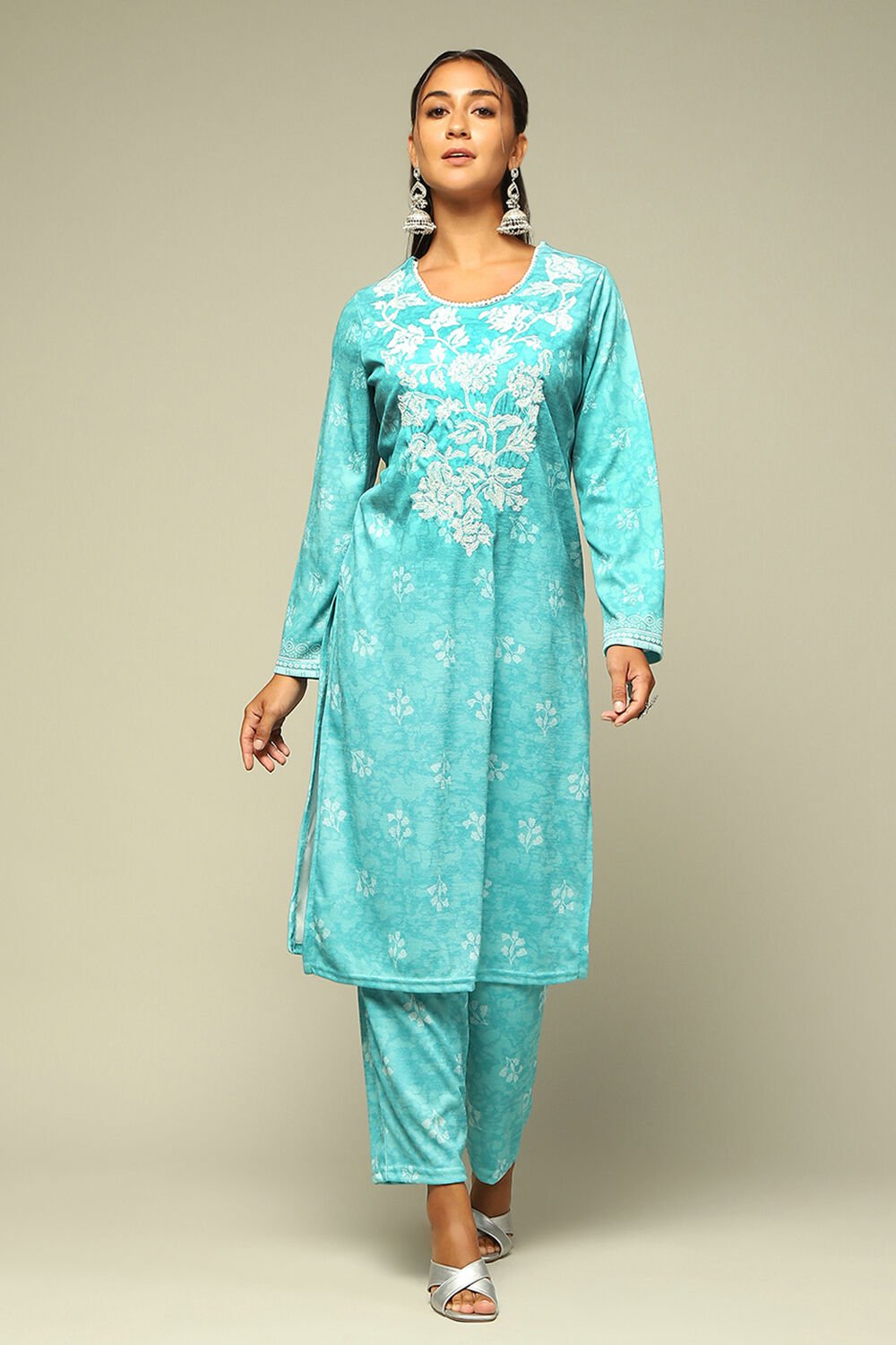 Aqua Blue Polyster Melange Straight Printed Kurta Palazzo Suit Set image number 6