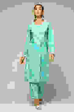 Aqua Blue Polyster Melange Straight Printed Kurta Palazzo Suit Set image number 6