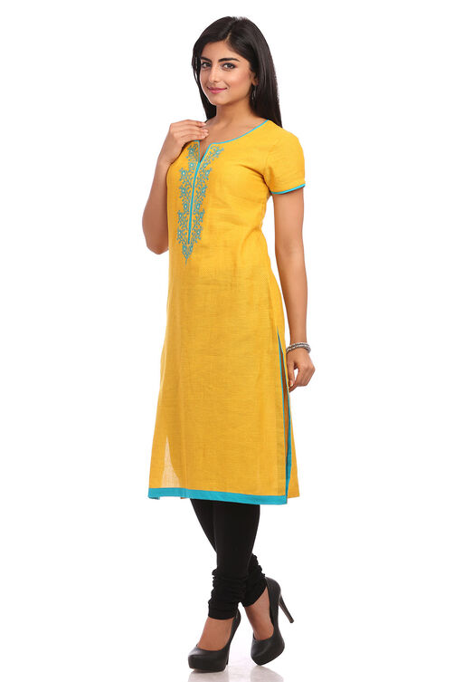 Mustard Straight Cotton Kurta image number 3