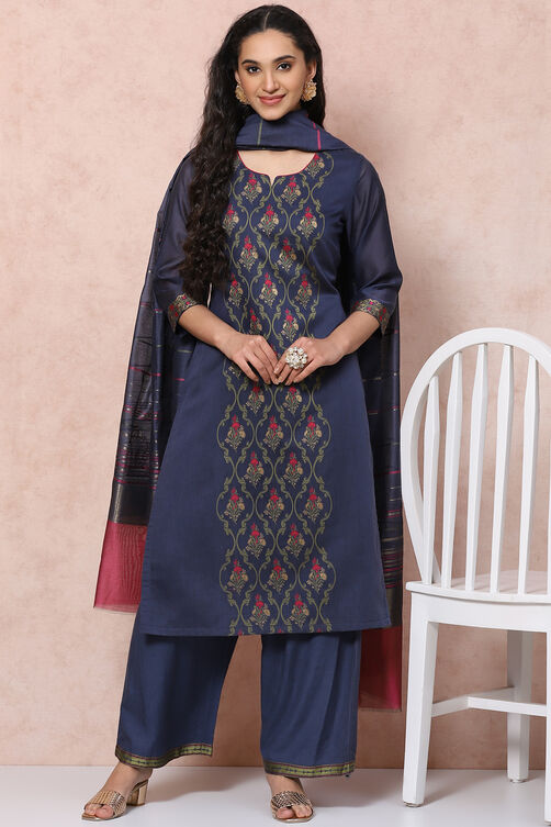 Blue Art Silk Straight Suit Set image number 7