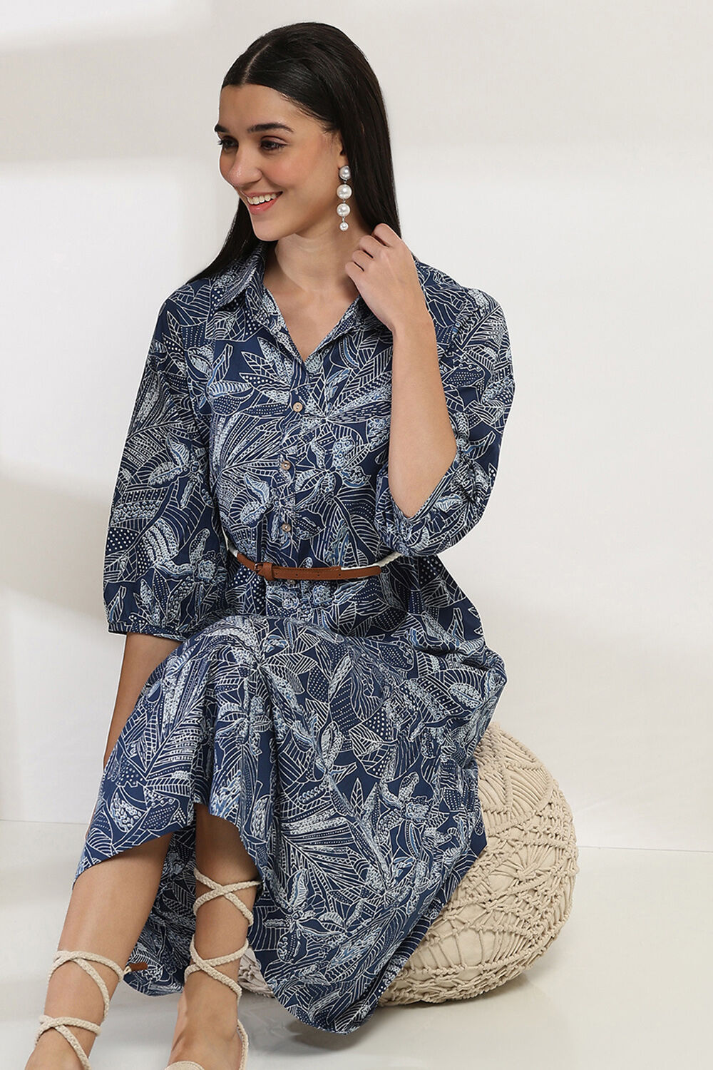 Indigo Cotton Printed Tiered Dress image number 5