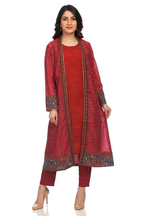 Maroon Front Open Poly Chanderi Suit Set image number 0