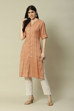 Rust LIVA Straight Printed Kurta image number 2