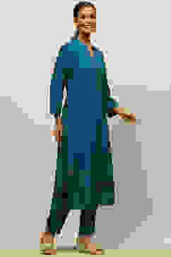 Teal Blue Rayon Straight Printed Kurta Salwar Pants Suit Set image number 5