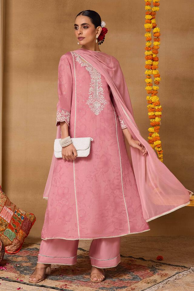 Rangriti Polyester Printed A-Line Festive Kurta With Palazzo And Dupatta in Pink
