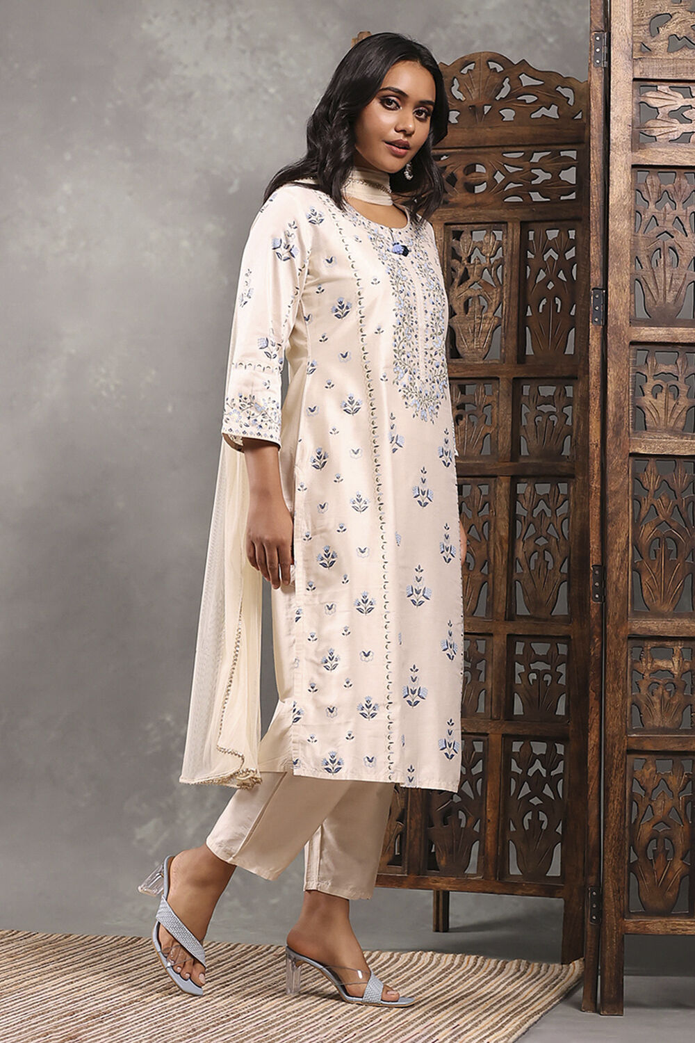 Aqua Viscose Blend Printed Straight Suit Set image number 5