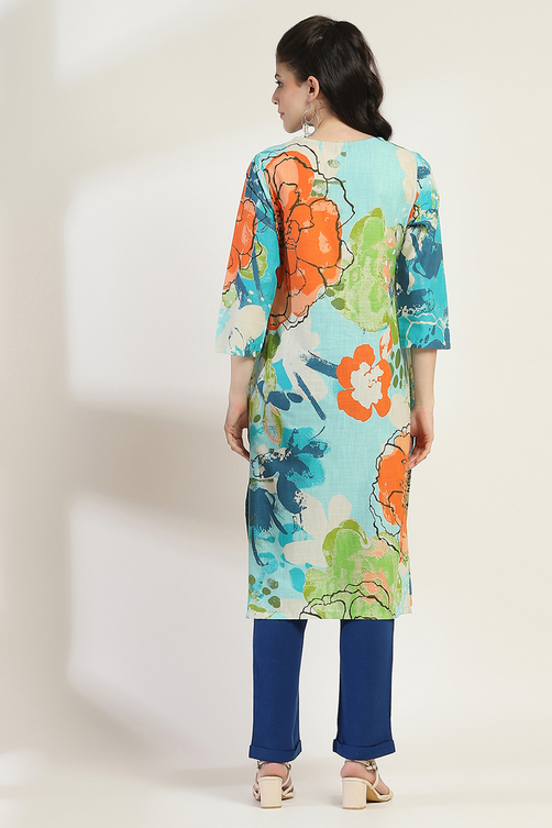 Aqua Cotton Printed Straight Kurta image number 3