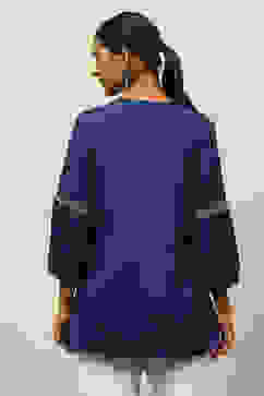 Blue Viscose Blend Embroidered Gathered Top image number 3