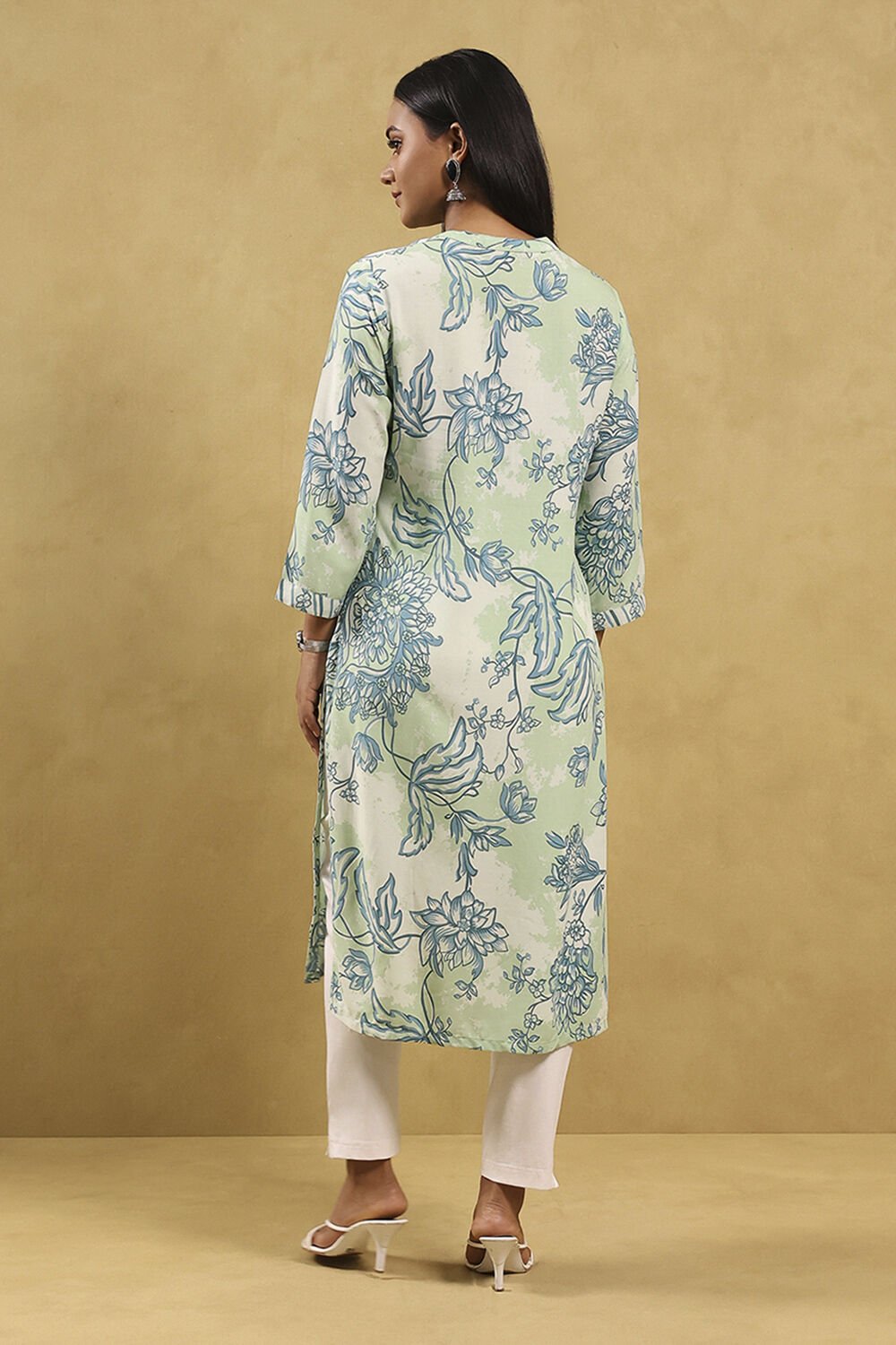 Sea Green Printed Straight Kurta image number 3