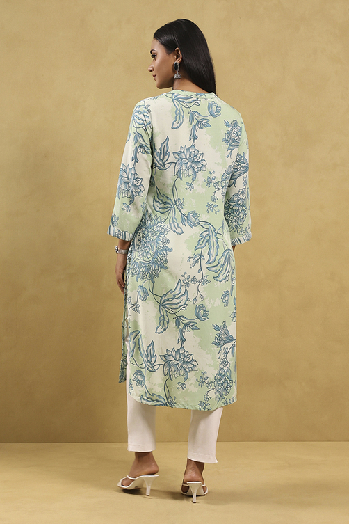 Sea Green Printed Straight Kurta image number 3